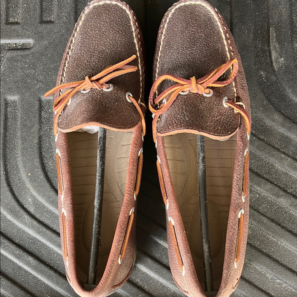 Brown Leather Boat Shoes with Orange Laces